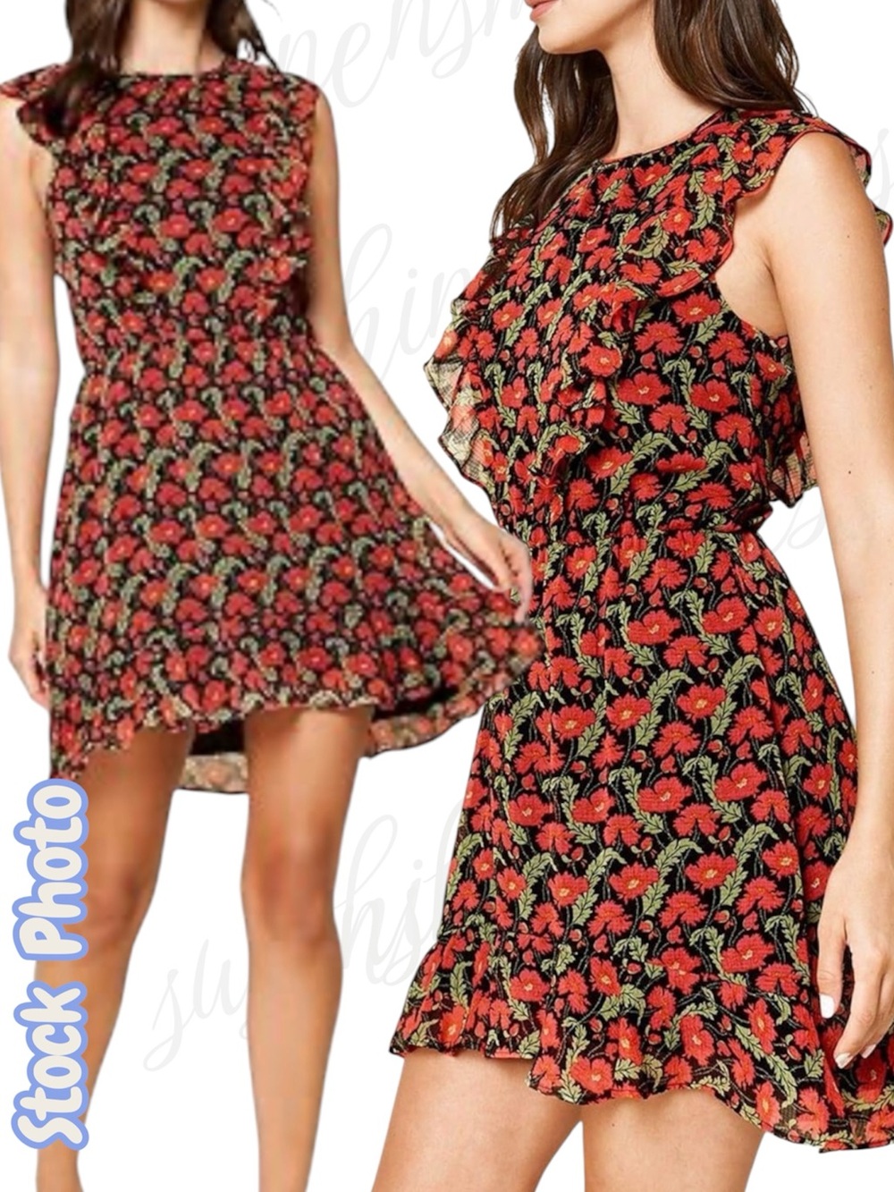 Sugar Lips Young American Black Red Green Floral Print Ruffled Mini Dress size S
